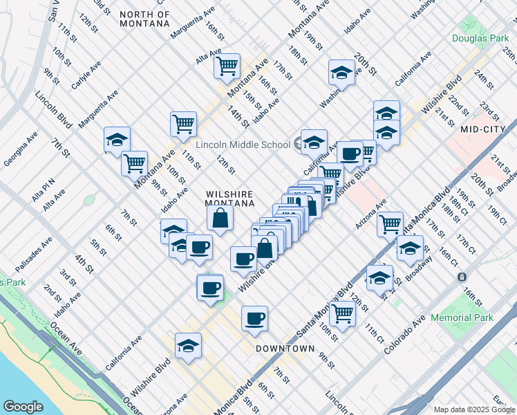 map of restaurants, bars, coffee shops, grocery stores, and more near 1050 12th Street in Santa Monica