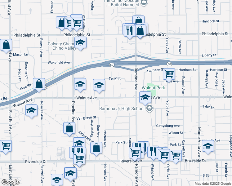 map of restaurants, bars, coffee shops, grocery stores, and more near 12471 Concord Court in Chino