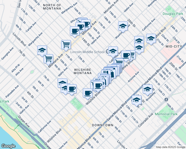 map of restaurants, bars, coffee shops, grocery stores, and more near 1037 12th Court in Santa Monica