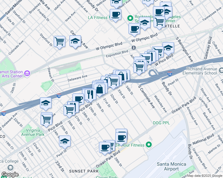 map of restaurants, bars, coffee shops, grocery stores, and more near 3222 Urban Avenue in Santa Monica