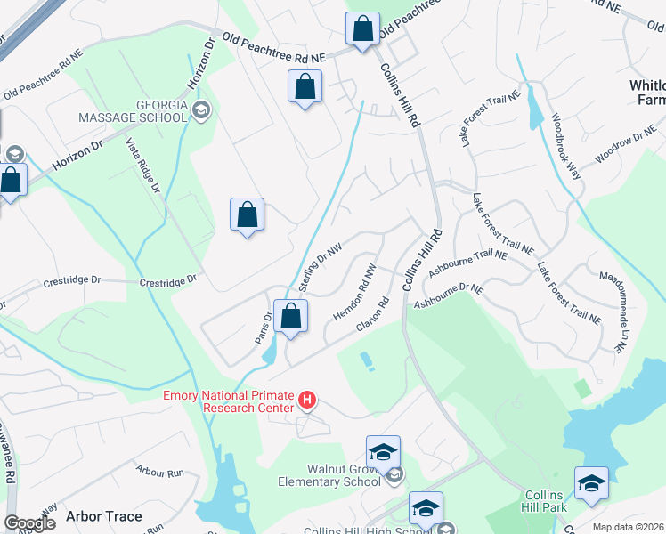 map of restaurants, bars, coffee shops, grocery stores, and more near 2754 Sterling Drive Northwest in Lawrenceville