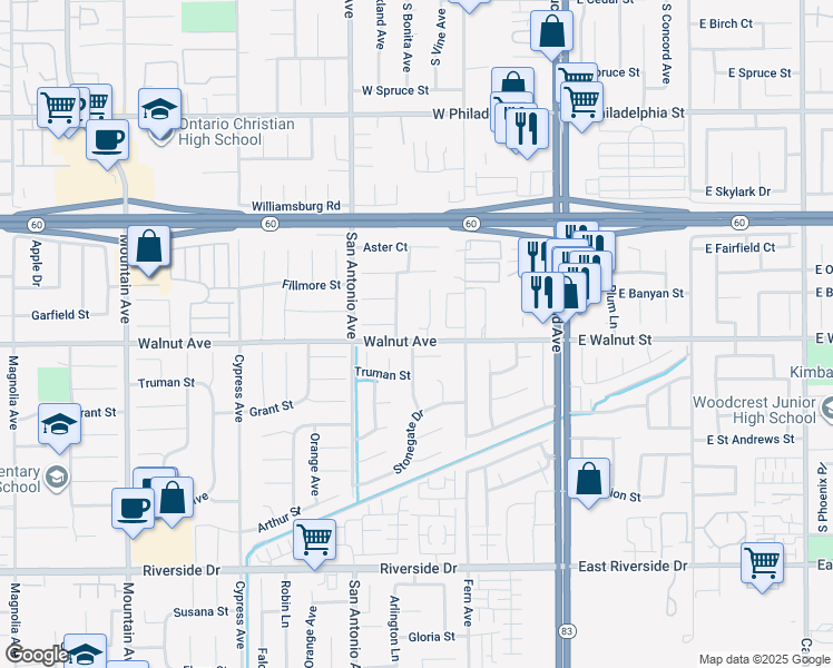 map of restaurants, bars, coffee shops, grocery stores, and more near 13193 Central Avenue in Chino