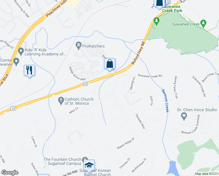 map of restaurants, bars, coffee shops, grocery stores, and more near 1445 Highland Farm Drive in Suwanee