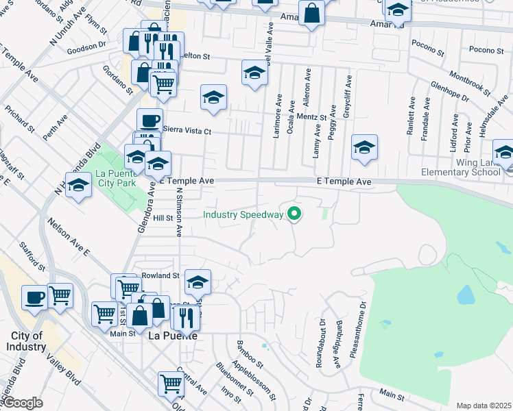 map of restaurants, bars, coffee shops, grocery stores, and more near 16667 Hill Street in La Puente