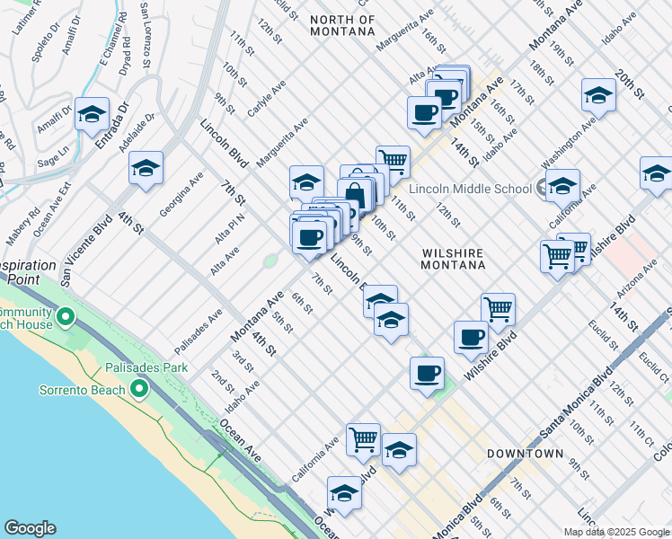map of restaurants, bars, coffee shops, grocery stores, and more near 828 Lincoln Boulevard in Santa Monica