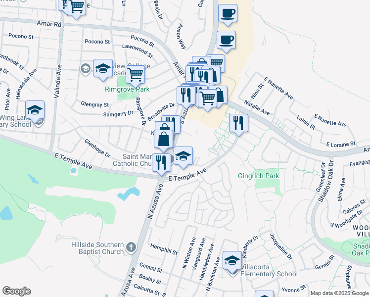 map of restaurants, bars, coffee shops, grocery stores, and more near 2700 South Azusa Avenue in West Covina