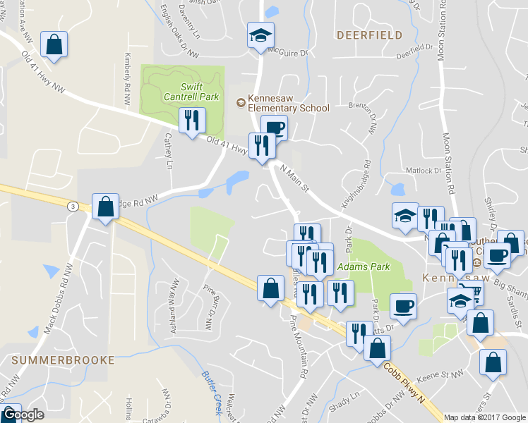 map of restaurants, bars, coffee shops, grocery stores, and more near 1026 Kennesborough Road Northwest in Kennesaw