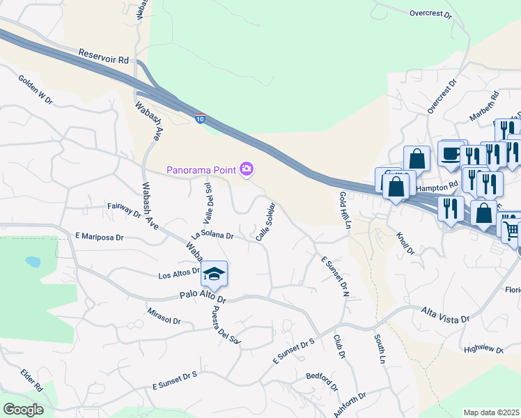 map of restaurants, bars, coffee shops, grocery stores, and more near 1631 Calle Solejar in Redlands