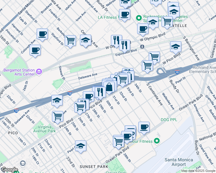 map of restaurants, bars, coffee shops, grocery stores, and more near 3033 Urban Avenue in Santa Monica