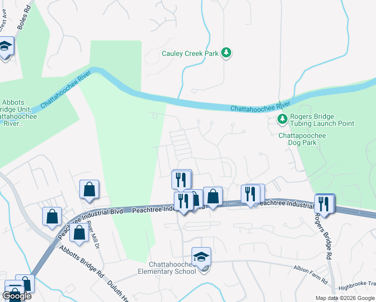 map of restaurants, bars, coffee shops, grocery stores, and more near 2833 Peachtree Industrial Boulevard in Duluth