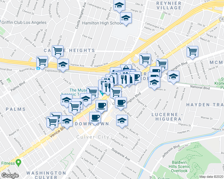 map of restaurants, bars, coffee shops, grocery stores, and more near 14655 Durango Avenue in Los Angeles