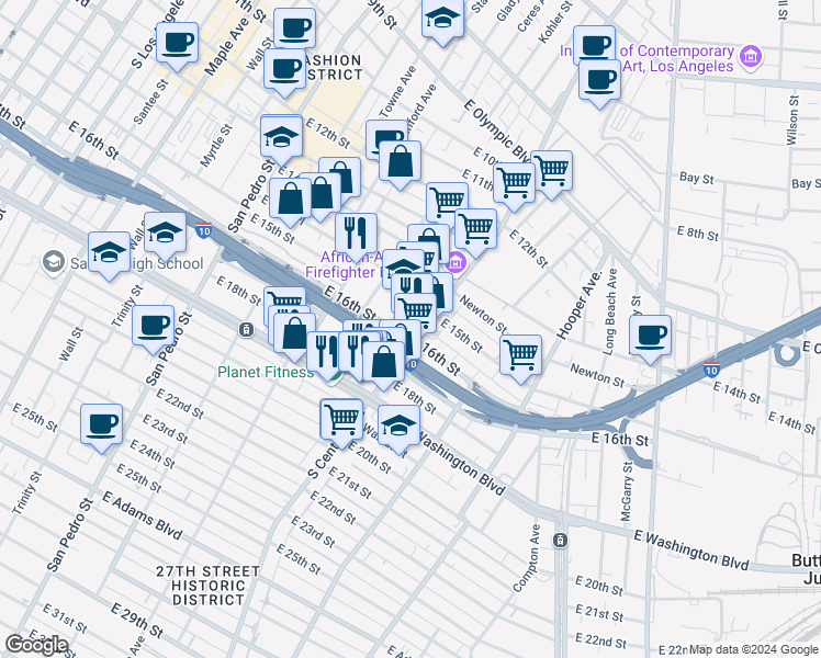 map of restaurants, bars, coffee shops, grocery stores, and more near 1541 South Central Avenue in Los Angeles