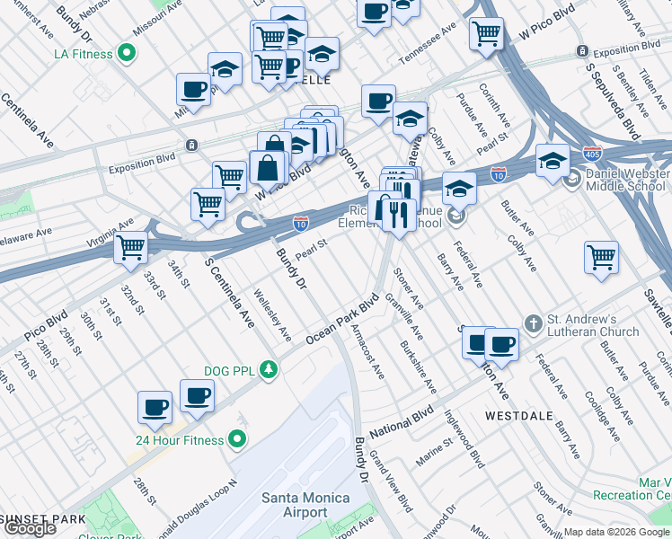 map of restaurants, bars, coffee shops, grocery stores, and more near 2522 South Westgate Avenue in Los Angeles