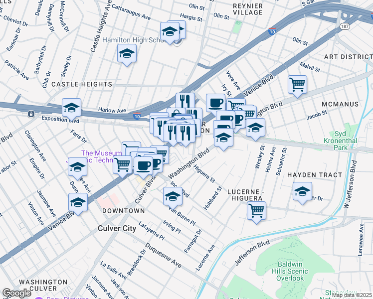 map of restaurants, bars, coffee shops, grocery stores, and more near 3824 Willat Avenue in Culver City