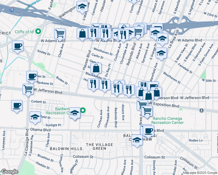 map of restaurants, bars, coffee shops, grocery stores, and more near 2928 South Cochran Avenue in Los Angeles