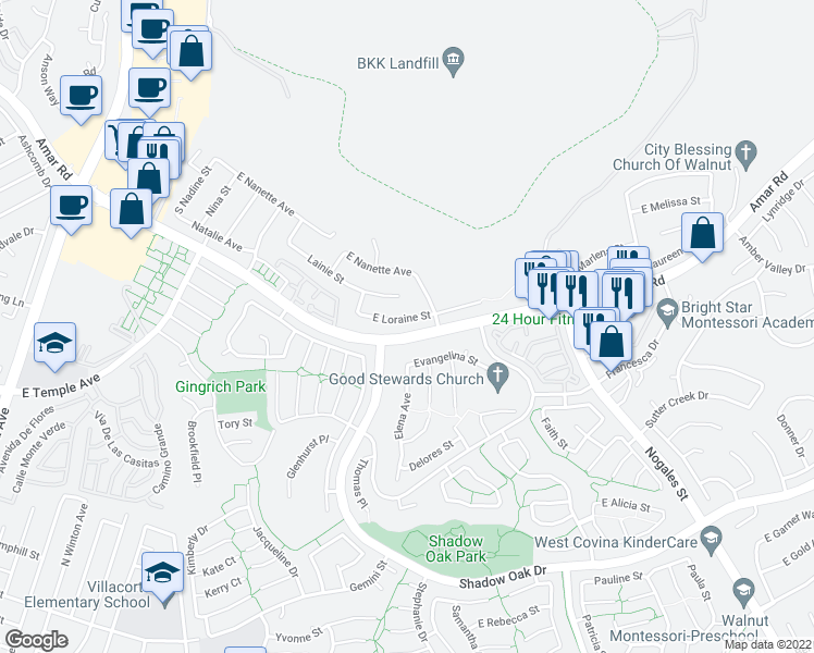 map of restaurants, bars, coffee shops, grocery stores, and more near 2044 East Loraine Street in West Covina