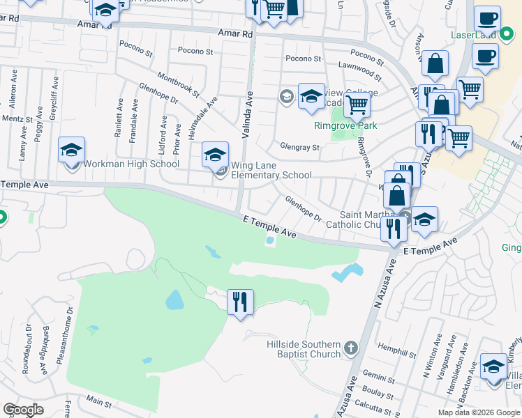 map of restaurants, bars, coffee shops, grocery stores, and more near Ironton Drive in La Puente