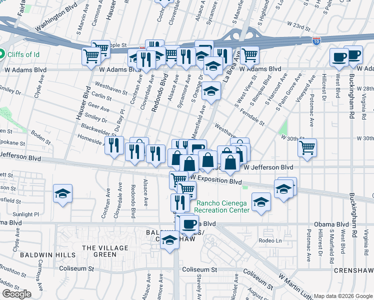 map of restaurants, bars, coffee shops, grocery stores, and more near 2917 South Mansfield Avenue in Los Angeles