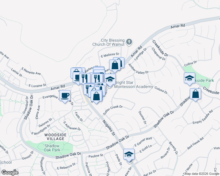 map of restaurants, bars, coffee shops, grocery stores, and more near 822 Francesca Drive in West Covina