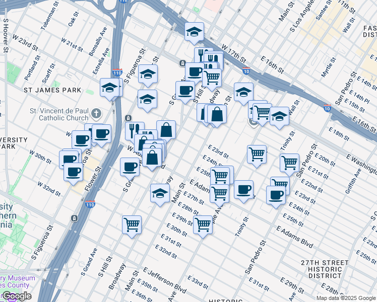 map of restaurants, bars, coffee shops, grocery stores, and more near 2408 South Broadway in Los Angeles