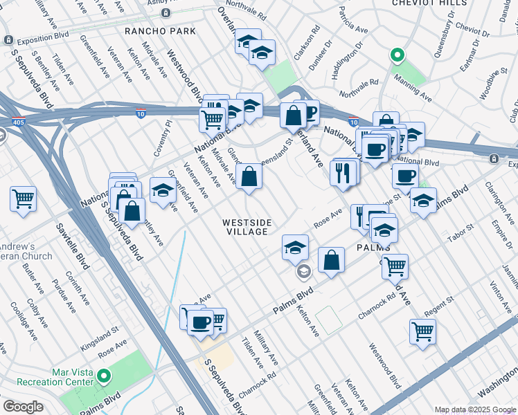 map of restaurants, bars, coffee shops, grocery stores, and more near 3214 Midvale Avenue in Los Angeles