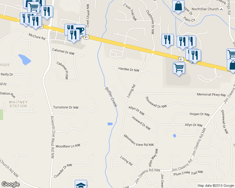 map of restaurants, bars, coffee shops, grocery stores, and more near Loring Way Northwest in Cobb County