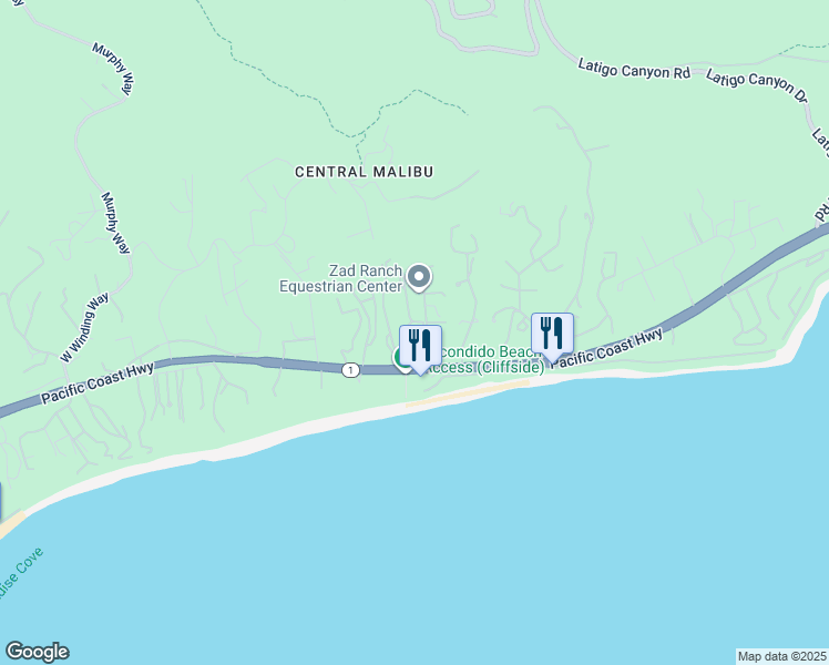 map of restaurants, bars, coffee shops, grocery stores, and more near 27355 California 1 in Malibu