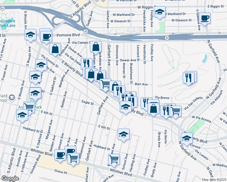 map of restaurants, bars, coffee shops, grocery stores, and more near 381 Simmons Avenue in Montebello