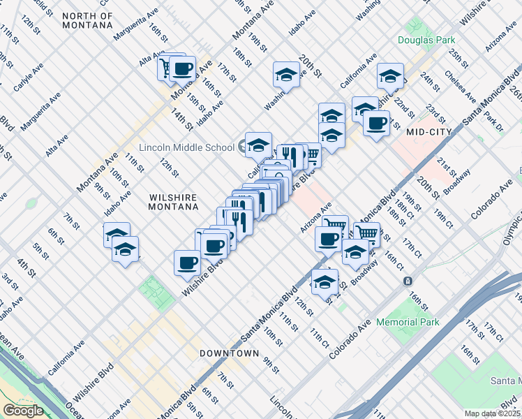 map of restaurants, bars, coffee shops, grocery stores, and more near 1131 14th Street in Santa Monica
