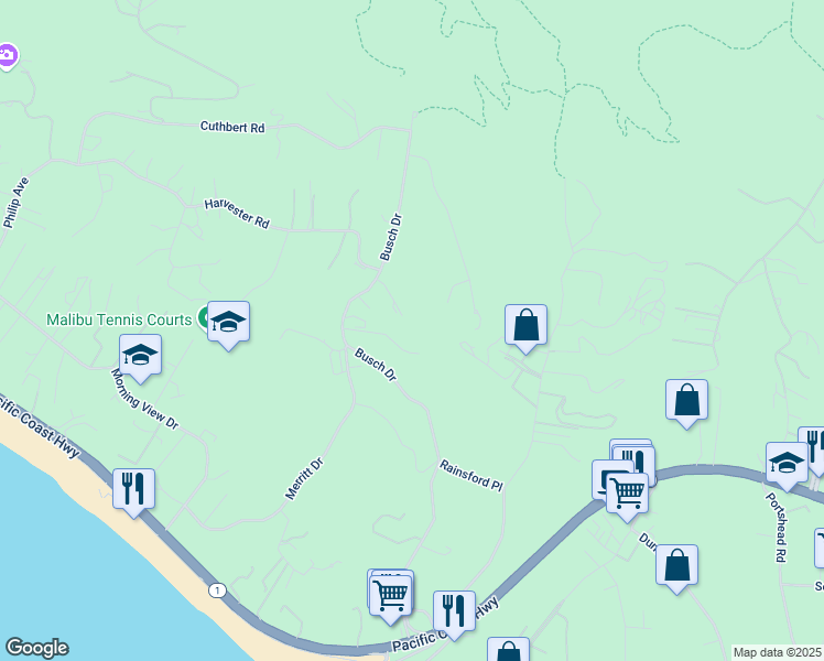 map of restaurants, bars, coffee shops, grocery stores, and more near 29502 Harvester Road in Malibu
