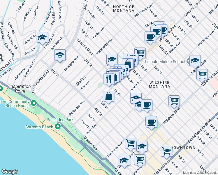 map of restaurants, bars, coffee shops, grocery stores, and more near 634 Palisades Avenue in Santa Monica