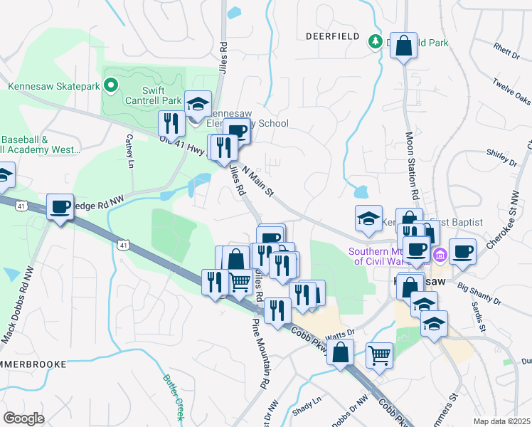 map of restaurants, bars, coffee shops, grocery stores, and more near 2980 Porsche Place in Kennesaw