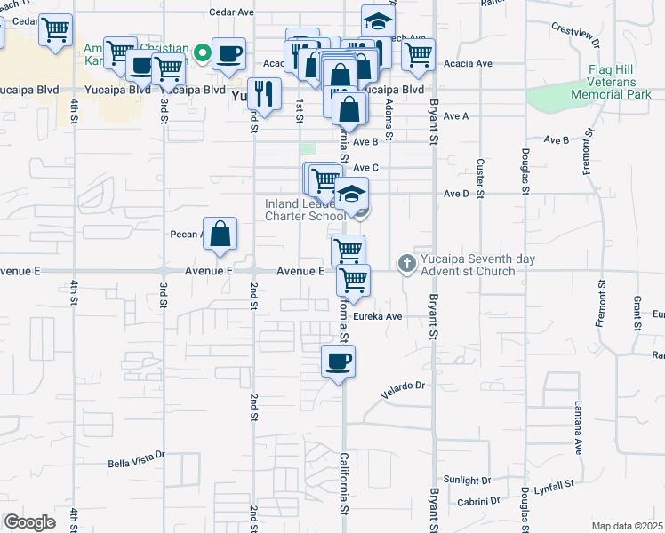 map of restaurants, bars, coffee shops, grocery stores, and more near in Yucaipa