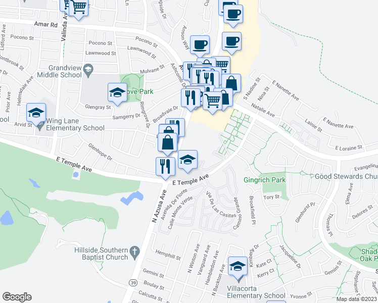 map of restaurants, bars, coffee shops, grocery stores, and more near 2600 South Azusa Avenue in West Covina