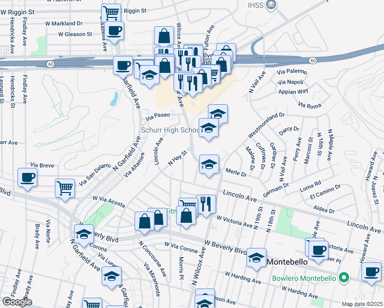 map of restaurants, bars, coffee shops, grocery stores, and more near in Montebello