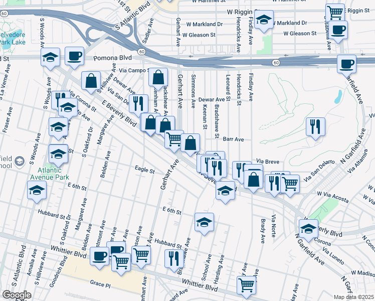 map of restaurants, bars, coffee shops, grocery stores, and more near 381 Simmons Avenue in Montebello