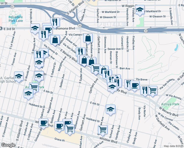 map of restaurants, bars, coffee shops, grocery stores, and more near 5728 Via San Delarro Street in East Los Angeles