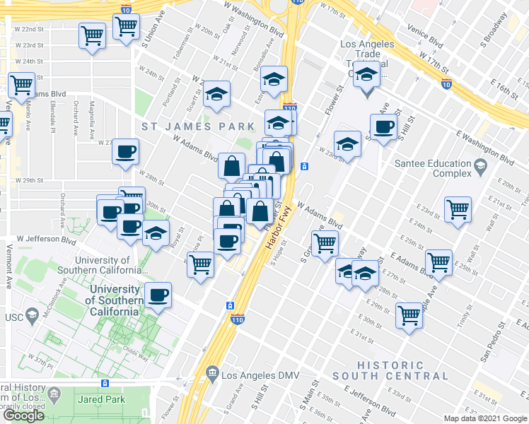 map of restaurants, bars, coffee shops, grocery stores, and more near 2626 South Figueroa Street in Los Angeles