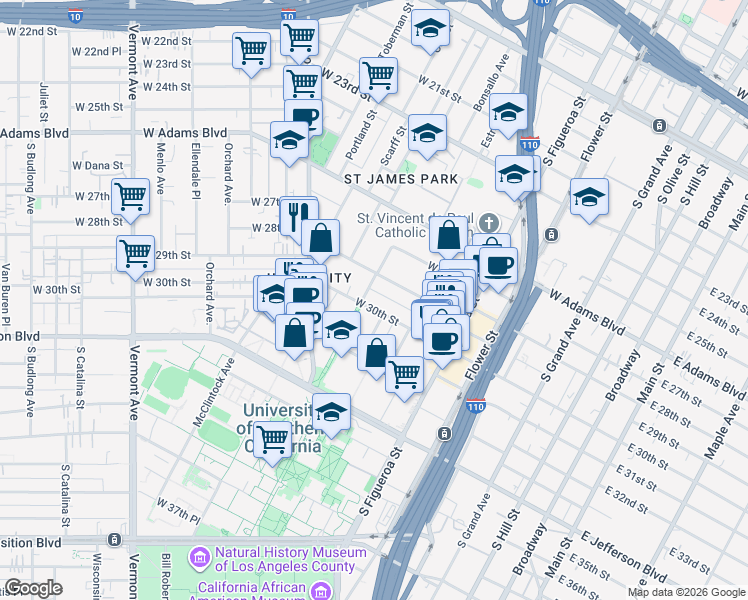 map of restaurants, bars, coffee shops, grocery stores, and more near 28 University Avenue in Los Angeles