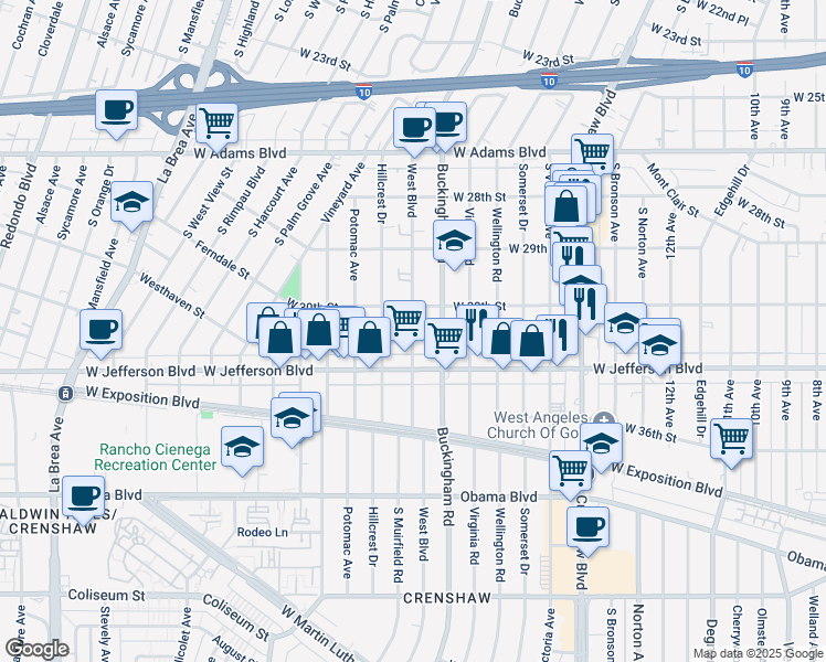 map of restaurants, bars, coffee shops, grocery stores, and more near 4316 West 30th Street in Los Angeles