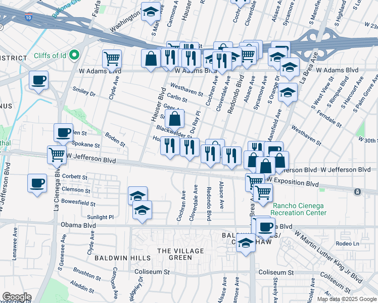 map of restaurants, bars, coffee shops, grocery stores, and more near 2903 South Cochran Avenue in Los Angeles