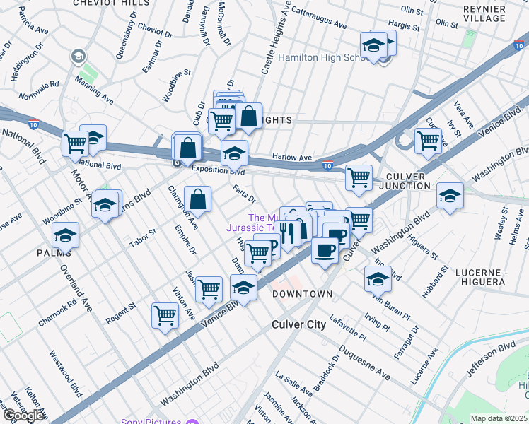 map of restaurants, bars, coffee shops, grocery stores, and more near 3626 Watseka Avenue in Los Angeles