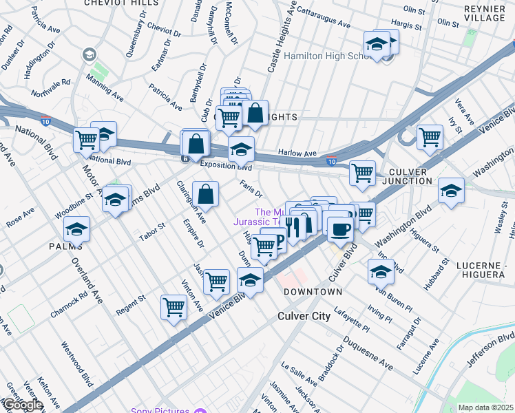 map of restaurants, bars, coffee shops, grocery stores, and more near 3626 Watseka Avenue in Los Angeles