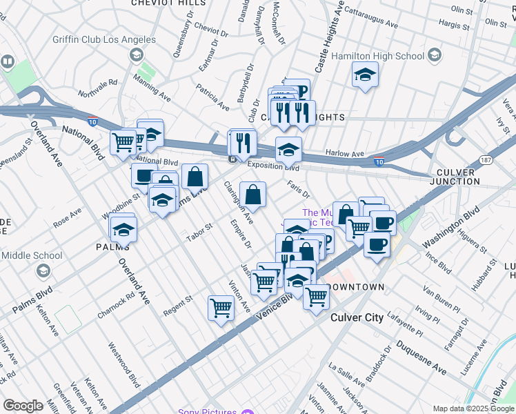 map of restaurants, bars, coffee shops, grocery stores, and more near 9909 Tabor Street in Los Angeles