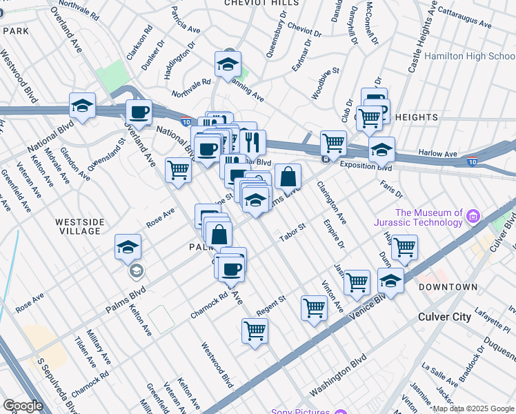 map of restaurants, bars, coffee shops, grocery stores, and more near 3431 Vinton Avenue in Los Angeles
