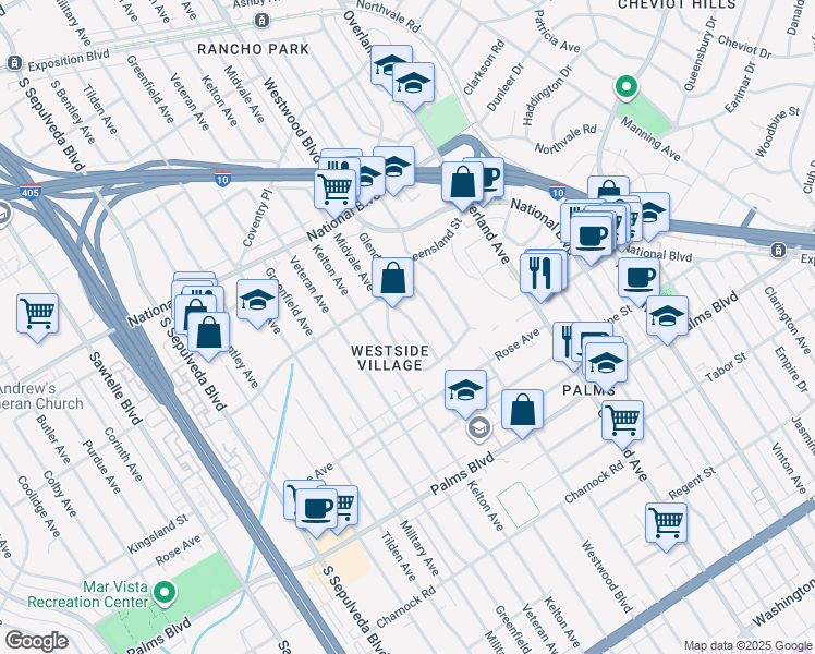 map of restaurants, bars, coffee shops, grocery stores, and more near 3214 Midvale Avenue in Los Angeles