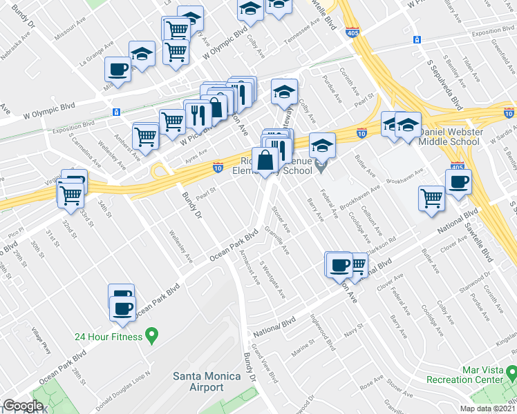 map of restaurants, bars, coffee shops, grocery stores, and more near 2536 Granville Avenue in Los Angeles