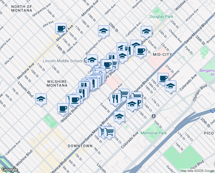 map of restaurants, bars, coffee shops, grocery stores, and more near 1433 Wilshire Boulevard in Santa Monica