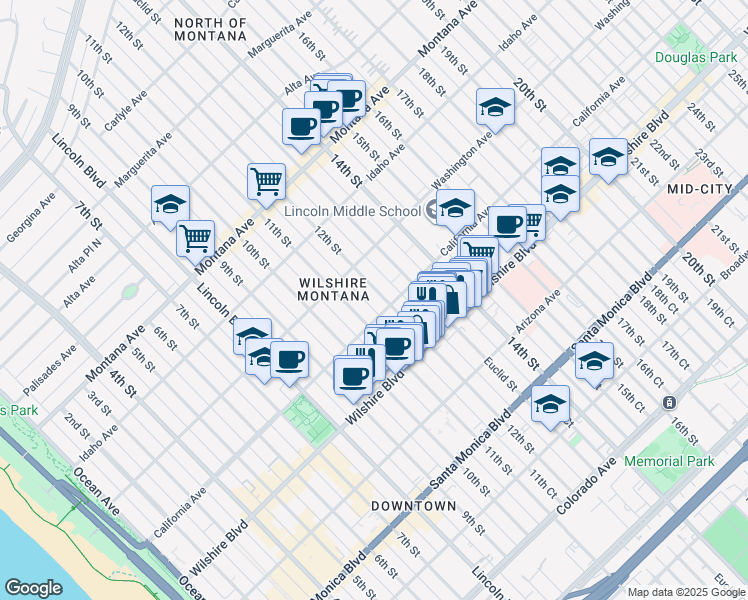 map of restaurants, bars, coffee shops, grocery stores, and more near 1037 12th Court in Santa Monica