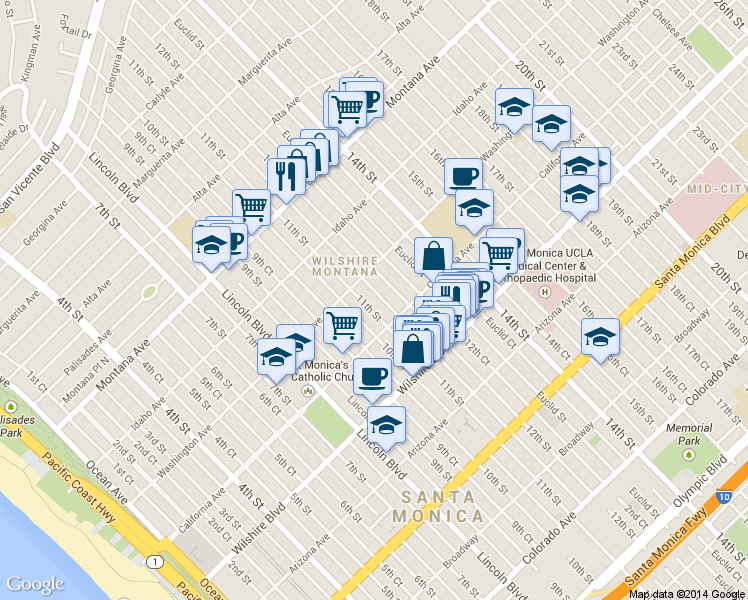map of restaurants, bars, coffee shops, grocery stores, and more near 1122 Washington Avenue in Santa Monica